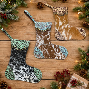 Rustic Product Christmas Occasion <b>Small</b> Stocking Hand <b>Tooled</b> Genuine Cowhide Leather Floral Embossed christmas Tree Accessories - Product Image 3