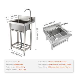 Lavello Commerciale Compatto Monoblocco in Acciaio Inox 16 X 13 X 8.7 con Rubinetto e Gambe, per Cucina - Product Image 4