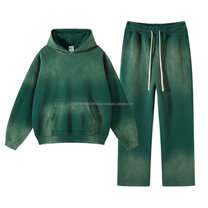 Ropa de calle de invierno de estilo americano algodón grueso Sun Faded Vintage Spray Dyeing Hoodies y pantalones de chándal Set para hombres niños Unisex - Product Image 1