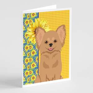 Summer Sunflowers Longhaired Gold Chihuahua Whimsical A7 Tarjetas de felicitación Pack 8 Tarjetas de nota en blanco con sobres Tamaño 5x7 - Product Image 1