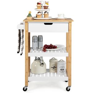 Carrello da Cucina Moderno a 3 Ripiani con Piano in Bambù, Carrello di Servizio in MDF e Metallo - Product Image 4