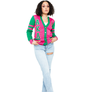 Cárdigan de Punto Tricolor para Mujer, Rosa, Verde y Blanco, Manga Larga, Frente Abierto, Suéter Informal, Estilo Color Block, Personalizable - Product Image 1