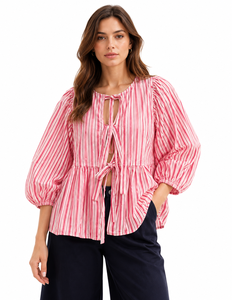 Blusa de Otoño, Nueva, Estilo Vintage, Informal, para Mujer, Combinable con Todo, con Cordones, Manga Larga, de Poliéster Liso Teñido - Product Image 1