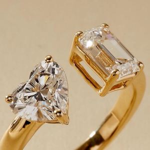 Open Band Heart Emerald Cut Moissanite 925 Sterling <b>Silver</b> Gold Plated <b>Adjustable</b> Luxury Engagement Wedding Anniversary <b>Ring</b> - Product Image 4
