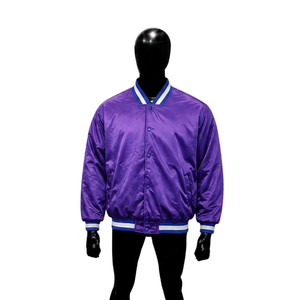 Chaqueta Varsity Personalizada de Satén Morado con Cuello, Puños y Dobladillo Acanalados con Rayas Azules y Blancas, Chaqueta de Hombre de Primera Calidad con Cierre a Presión - Product Image 1