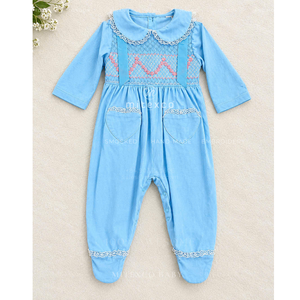 Combinaison à manches longues en coton bleu brodée à la main pour filles, combinaison une pièce pour nouveau-né automne/hiver - Product Image 1