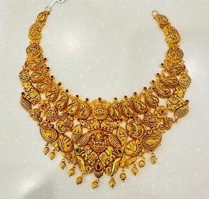 Antique Temple Gold Necklace Goddess Lakshmi and <b>Elephant</b> Motifs Traditional Nakshi Work Bridal Ethnic Wedding Party Jewelry - Product Image 2