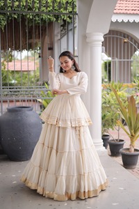 Ensemble Lehenga Choli en coton crème, robe plissée à plusieurs niveaux et chemisier, pour mariage, fête, Diwali - Product Image 3