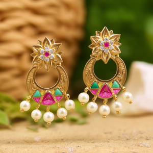 Stud Earrings with Pearl and Quartz in Gold Polish Finish Pink and Green Geometric Design - Product Image 3