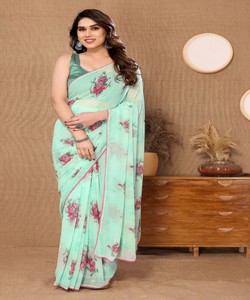 Sari de Rayón con Estampado Floral Verde Menta de Un Minuto, con Borde Rosa, Ropa Tradicional para Mujer, Estilo Indio Informal, Largo hasta el Suelo - Product Image 1