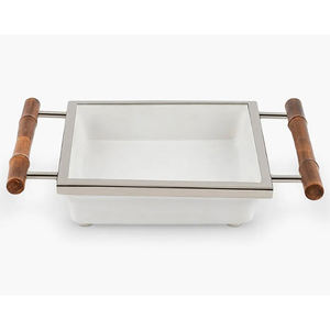 Plateau de service rectangulaire au design élégant avec poignées latérales en bois, plateau en métal blanc brillant de luxe pour le petit-déjeuner - Product Image 1