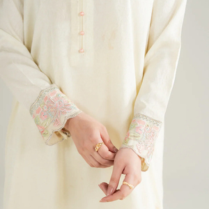 Elegant Cream Maxi <b>Dress</b> With Floral Embroidery Full Sleeve V-Neck Modest Style Handmade Cotton Gown - Product Image 2