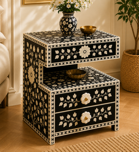 Modern Luxe Resin Bone Inlay Nightstand With Drawers & Shelf <b>Black</b> Floral Cabinet <b>Bedside</b> End <b>Table</b> For Bedroom Hotel Home Decor - Product Image 1