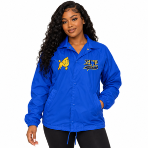 Veste Coach Femme Bleu Cobalt à Manches Longues avec Boutons Pression, Coupe-Vent Léger Brodé de Lettres Jaunes, Idéale pour l'Extérieur et les Loisirs - Product Image 1