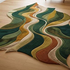 Contemporary Irregular Shape Rug Abstract Green <b>Brown</b> Wave Pattern Hand Tufted Soft Plush Carpet Home Living Room Bedroom Decor - Product Image 2