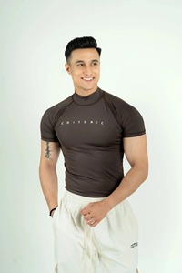 Men <b>Turtleneck</b> Short Sleeve Compression Shirt Slim Fit Solid Color Breathable Knitted Workout Gym Training <b>Top</b> - Product Image 2
