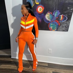 Ensemble de survêtement sportif 2 pièces pour femme, noir, orange, blanc, color block, haut court zippé à manches longues, pantalon coupe droite, toutes saisons - Product Image 2