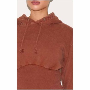 <b>Women's</b> Rust Hooded Cropped Sweatshirt <b>Set</b> Full Sleeve Loose Fit Casual 2-Piece Outfit With Ruffles Knitted Cotton Pants - Product Image 5