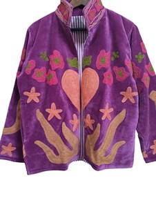 Chaqueta de Terciopelo Azul Marino Hecha a Mano con Bordado Floral Colorido y Corazón, Prenda Exterior Artística Bohemia para Mujer - Product Image 5
