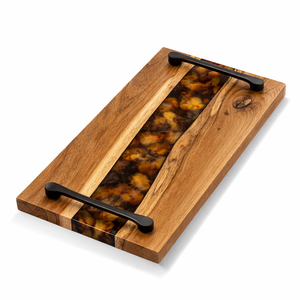 Bandeja de Madera Premium con Incrustaciones de Resina Marrón y Asas Metálicas, Bandeja de Servir de Madera de Acacia, Nueva Llegada, Gran Venta - Product Image 1