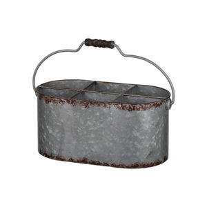 Porta cubiertos y utensilios de metal galvanizado estilo rústico de 5 compartimentos con asa de madera para mesa de comedor de cocina. - Product Image 1