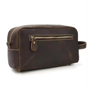 Vintage Leather <b>Toiletry</b> <b>Bag</b> Medium Size Zipper Closure Soft Handle Durable Cosmetic Case - Product Image 3