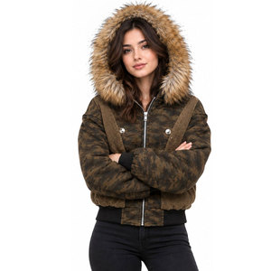 Women's Camouflage Hooded Zipper <b>Jacket</b> With Faux Fur Collar Short Winter Coat Casual Style Full Sleeve Fleece Lined - Product Image 5