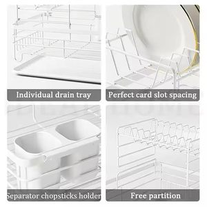 Égouttoir à vaisselle en métal blanc à 2 niveaux avec porte-couverts, organisateur de rangement pour vaisselle et bols de cuisine, 43x32x27,5 cm - Product Image 5