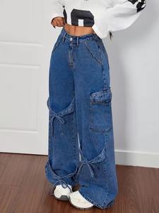 Jean en denim taille haute pour femme, bleu foncé moyen, coupe large, décontracté, avec bretelles à nœud, style cargo streetwear - Product Image 3