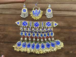 Afghan Tribal Kuchi Jewelry <b>Set</b> For Women Featuring Large Reflective Crystals In Choker Necklace And Long Dangling - Product Image 5