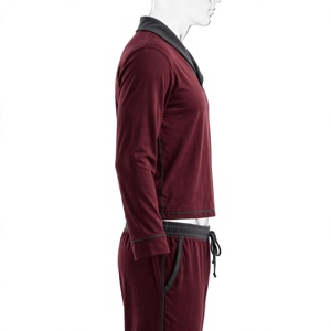 Men's Burgundy Long Sleeve <b>Pajama</b> Set With Gray Trim Soft Knitted 100% Cotton Casual Autumn Wear - Product Image 3