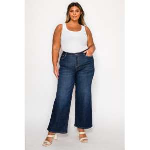 กางเกงยีนส์ขากว้างเอวสูงขนาดพลัสไซส์สีน้ำเงินเข้มสไตล์วินเทจลำลองทรงหลวมแฟชั่นสตรีกางเกงอินเทรนด์ - Product Image 1