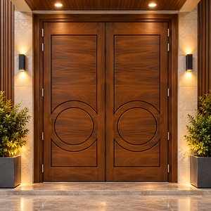 Puerta de Entrada Doble de Madera Sólida Moderna GA-41L, Diseño Escandinavo con Ranuras Circulares para Villa de Lujo, Directo de Fábrica - Product Image 1