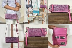 Cartera cruzada de cuero genuino de vaca de alta calidad con diseño floral hecho a mano, estilo occidental, mini bolso bohemio para mujer. - Product Image 3