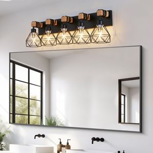 Luminaire de salle de bain ou de chambre à coucher moderne géométrique à 5 lumières de 31 pouces avec accents en métal noir et en bois - Product Image 4