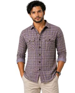 Camisa Casual a Cuadros Morada y Marrón Personalizada para Hombre, Corte Slim Fit, Manga Larga, Botones, Algodón, Elegante, Calidad Premium - Product Image 1