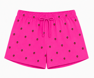 Ensemble 2 pièces tricoté pour femme, haut court et short brodés fraises, décontracté, printemps-été, rose - Product Image 4