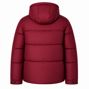 Veste matelassée à capuche couleur personnalisée, en polyester lisse, avec larges empiècements matelassés, fermetures éclair noires, manteau d'hiver premium style streetwear - Product Image 3