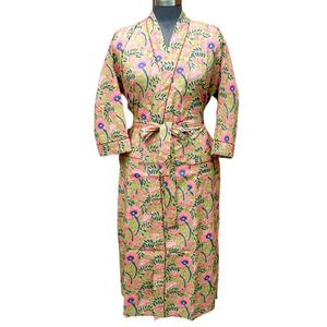 Robe longue pour femme à imprimé floral, 100% coton, col en V, manches longues, avec ceinture, séchage rapide, respirante, douce, style décontracté, style printemps - Product Image 1