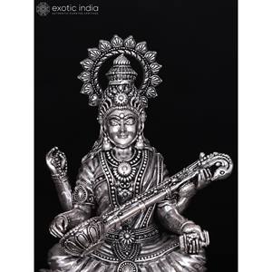 Petite Statue en Laiton Superfin de 6 Pouces de Devi Saraswati Assis sur Lotus Sculpture Plaquée Argent - Product Image 4