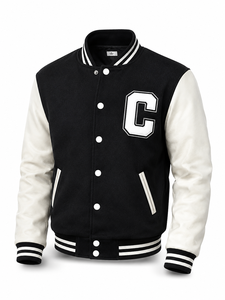 Veste universitaire unisexe noire avec manches en cuir blanc, lettre C brodée sur le devant, col rabattu, coupe classique, streetwear, patchwork - Product Image 1
