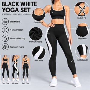 Women Black <b>White</b> Color Block Yoga <b>Set</b> High Waist Leggings Sports Bra Two Piece <b>Gym</b> Workout Activewear Fitness Outfit - Product Image 5