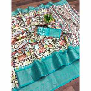 IMPRESIÓN DIGITAL DE SEDA DOLA ATRACTIVA CON FRONTERA KANJIVARAM TRABAJO SAREE CON BOLUSE SKY DESCOSTADO - Product Image 1