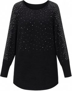 Women <b>Black</b> Oversized Knit Sweater With <b>Sequined</b> Dot Pattern Drop-Shoulder Long Sleeve O-Neck Winter <b>Top</b> - Product Image 5