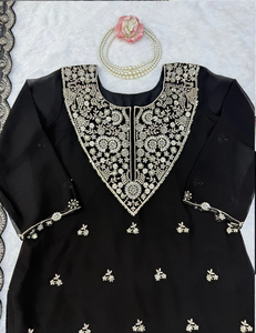 Conjunto de Salwar Kameez Negro Bordado, Vestido Pakistaní con Dupatta Pesada, Estilo de Encaje Floral para Bodas y Fiestas - Product Image 5