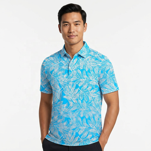 Men's Short Sleeve Golf for <b>Shirt</b> Hawaiian <b>Tropical</b> Print Blue White Pattern Casual Knitted Breathable Polyester - Product Image 3