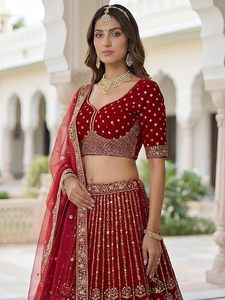 Red Embroidered Lehenga Choli <b>Sequin</b> Mirror Work Bride Wedding Dress Traditional Indian Bridal Outfit With Dupatta - Product Image 3