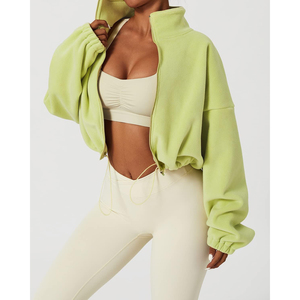 Nueva Llegada Sudadera Corta con Cierre para Mujer, Color Verde Lima, 100% Algodón, Secado Rápido, Cuello Alto, Hombros Caídos, Manga Larga - Product Image 4