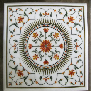 Table à manger rectangulaire en marbre blanc avec trois grands médaillons floraux circulaires et une bordure incrustée assortie, en gros - Product Image 6
