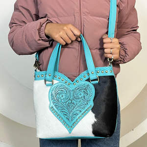 Sac fourre-tout tendance en cuir repoussé turquoise en forme de cœur, en cuir de vachette premium, avec bandoulière, collection Mars 2026 - Product Image 4